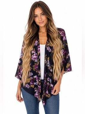 Peach Love California Boho Floral Kimono Cardigan Open Front Duster